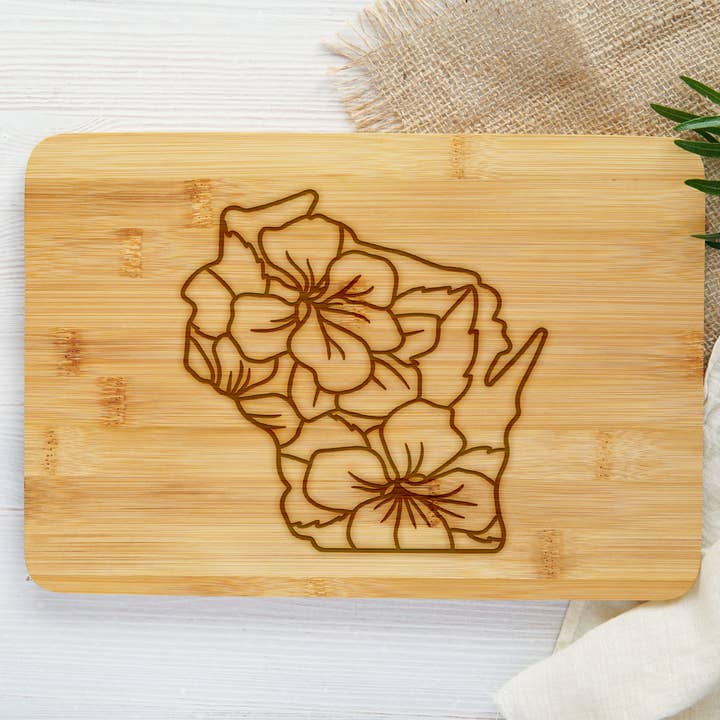 Wisconsin Wood Violet Flower Engraved Bamboo Cutting Board for wholesale by The Trendy Traveler
