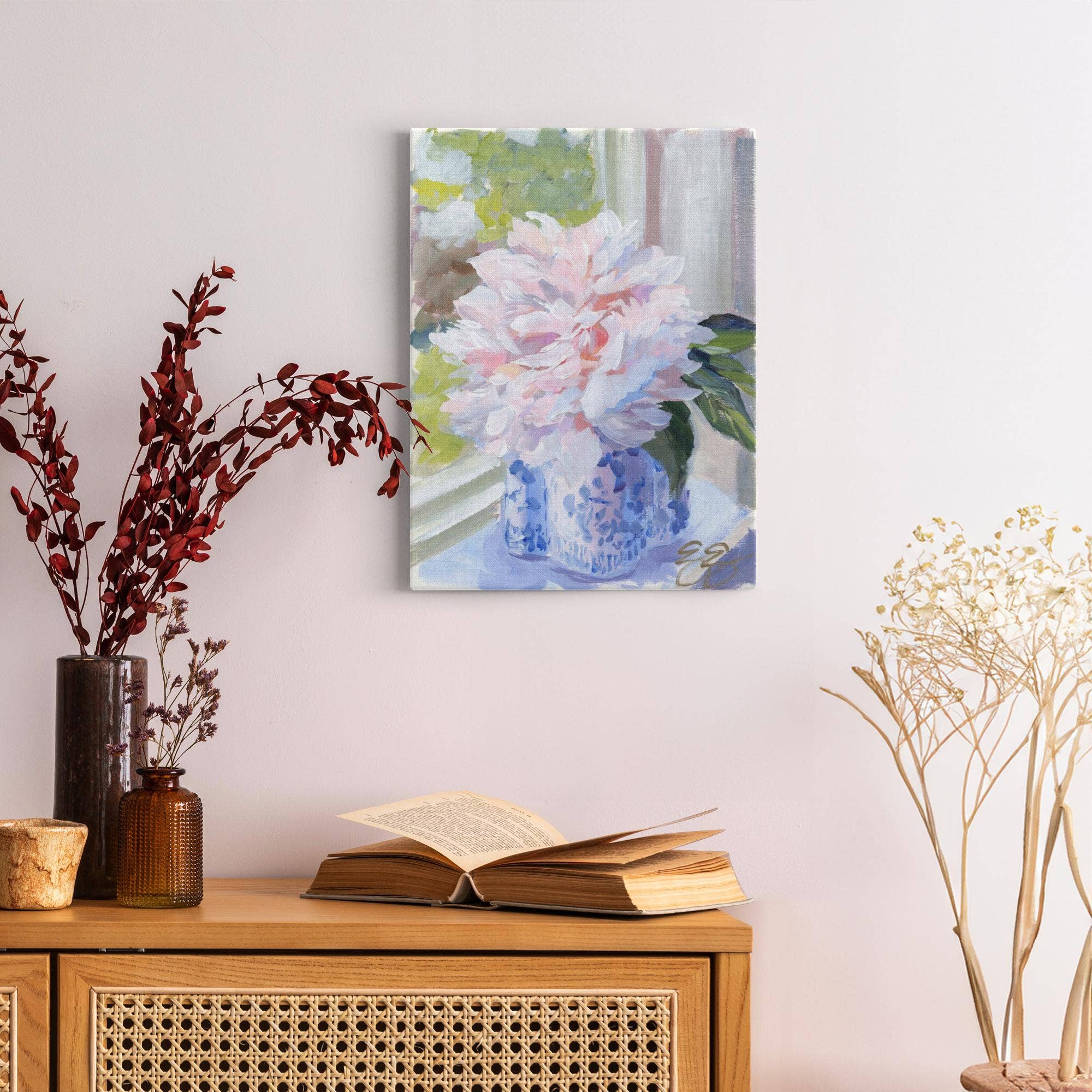 Elizabeth Alice Studio - Wholesale Art Print - No. 396 Sarah Bernhardt peony in blue and white vase, a canvas wrap print6