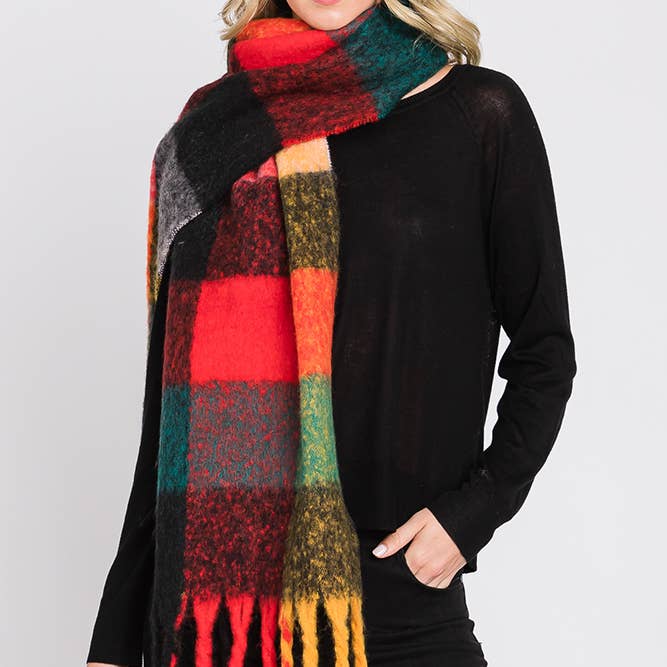 Hana - Wholesale Scarf - Women's - Brushed Multi Color Plaid Fringe Winter Scarf