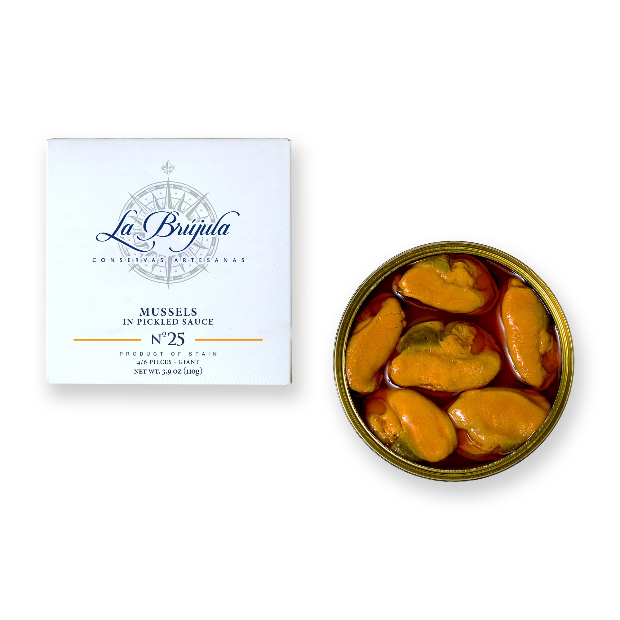 Conservas La Brújula – Engroshandel Fisk/skaldyr – Muslinger i Escabeche 4/6 RO120. LB250