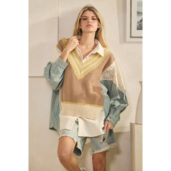 WASHED OVERSIZED BUTTON FRONT SHIRT WITH SWEATER VEST for wholesale by Oli&Hali