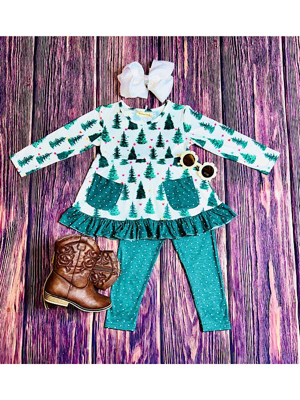luluclothes - Wholesale Top & Pant Set - Kids - Hunter green trees & polka dots 2pc ruffle set XCH0015-24H
