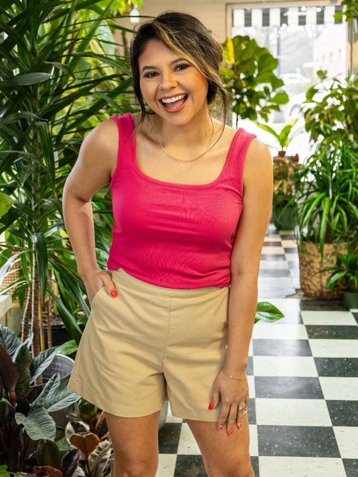 Bella Square Neck Rib Knit Tank Top, Pink for wholesale on Faire