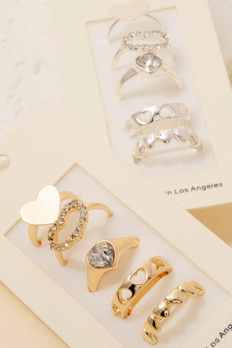 Fame Accessories - Wholesale Band/Stacked Ring - 5Pc Mixed Heart Style Band Rings Set3