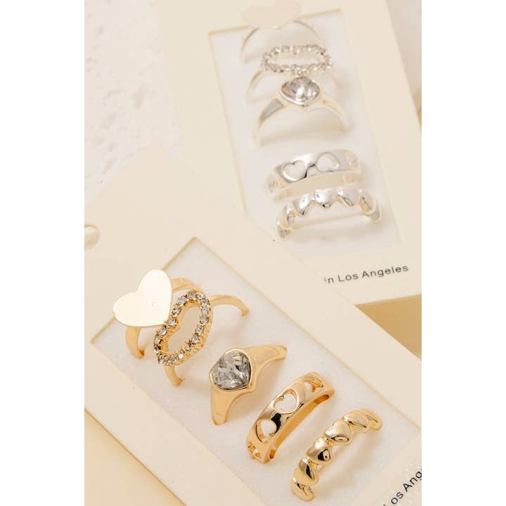 Fame Accessories - Wholesale Band/Stacked Ring - 5Pc Mixed Heart Style Band Rings Set3