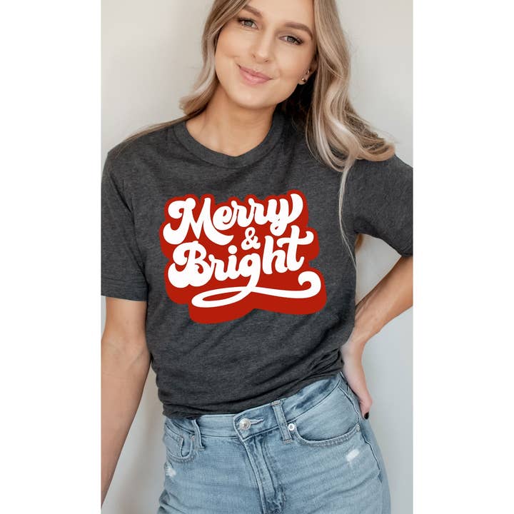 Retro Merry and Bright Christmas Plus Size Graphic Tee for wholesale by Kissed Apparel