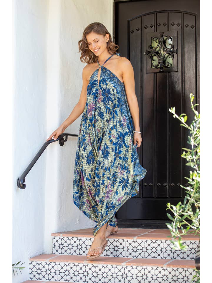 Bali Prema – wholesale Jumpsuit – Women's – Gypsy Jumpsuit in Dubai Yellow Star Batik No Pocket, Convertible Harem Jumpsuit to Summer Dress Cover Up