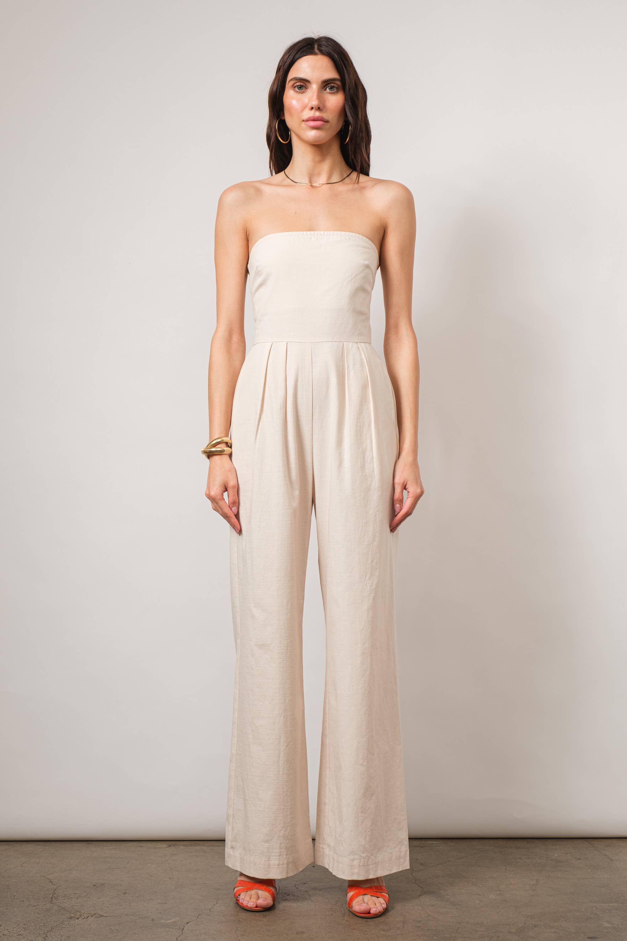 Natural Fairmont Strapless Linen Jumpsuit for wholesale on Faire