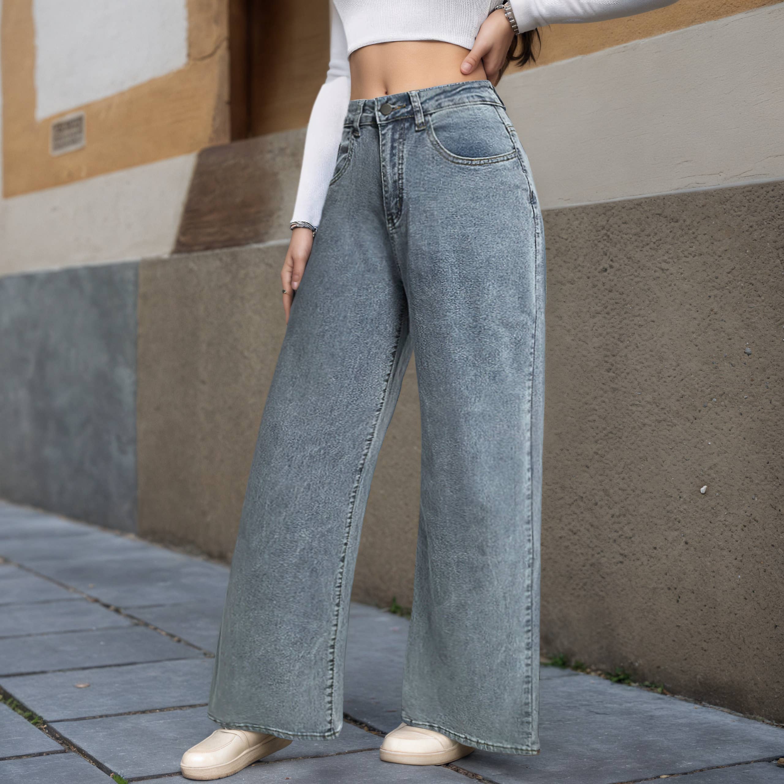 Blue Women High-Waisted Wide-Leg Jeans with Pink Bow Embroidery for wholesale on Faire2