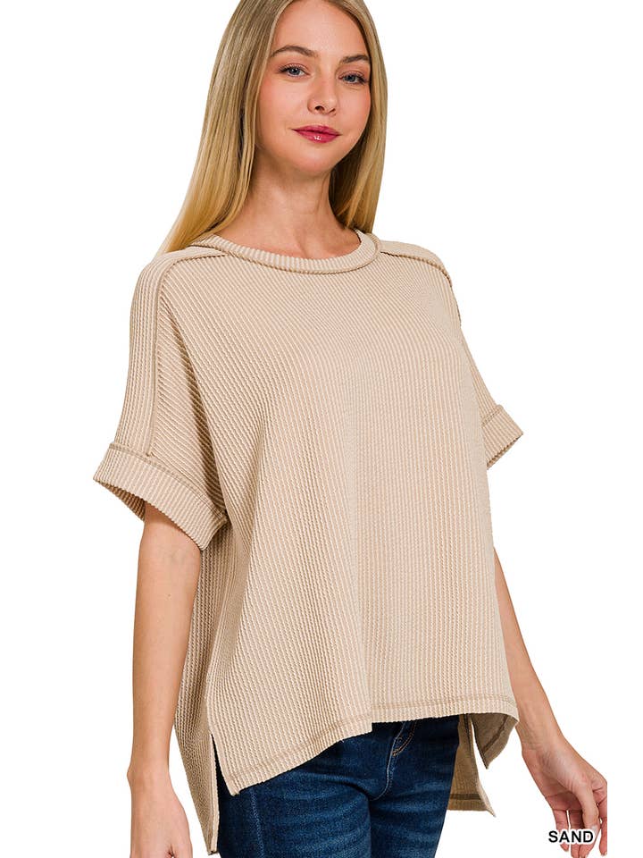 42POPS - Wholesale Knit Top - Women's - ',._ Corded Rib Short Cuff Sleeve Raw Edge Top