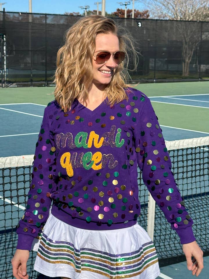 Jersey ASP MARDI QUEEN con cuello en V para adultos, color morado para venta al por mayor de Mardi Gras Creations