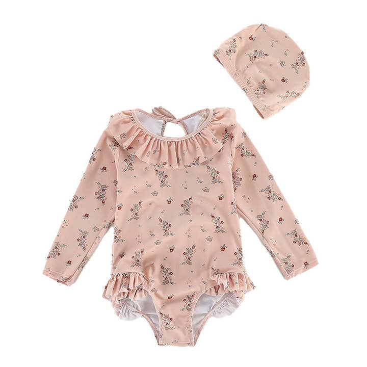 Auraquise - Vendita all'ingrosso Costume intero - Bambini - Costume intero a maniche lunghe per ragazze con orlo arricciato