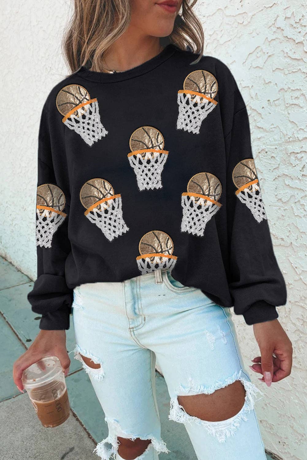 Svart Svart basketbollmönstrad sweatshirt med rund hals för speldagen för wholesale på Faire0