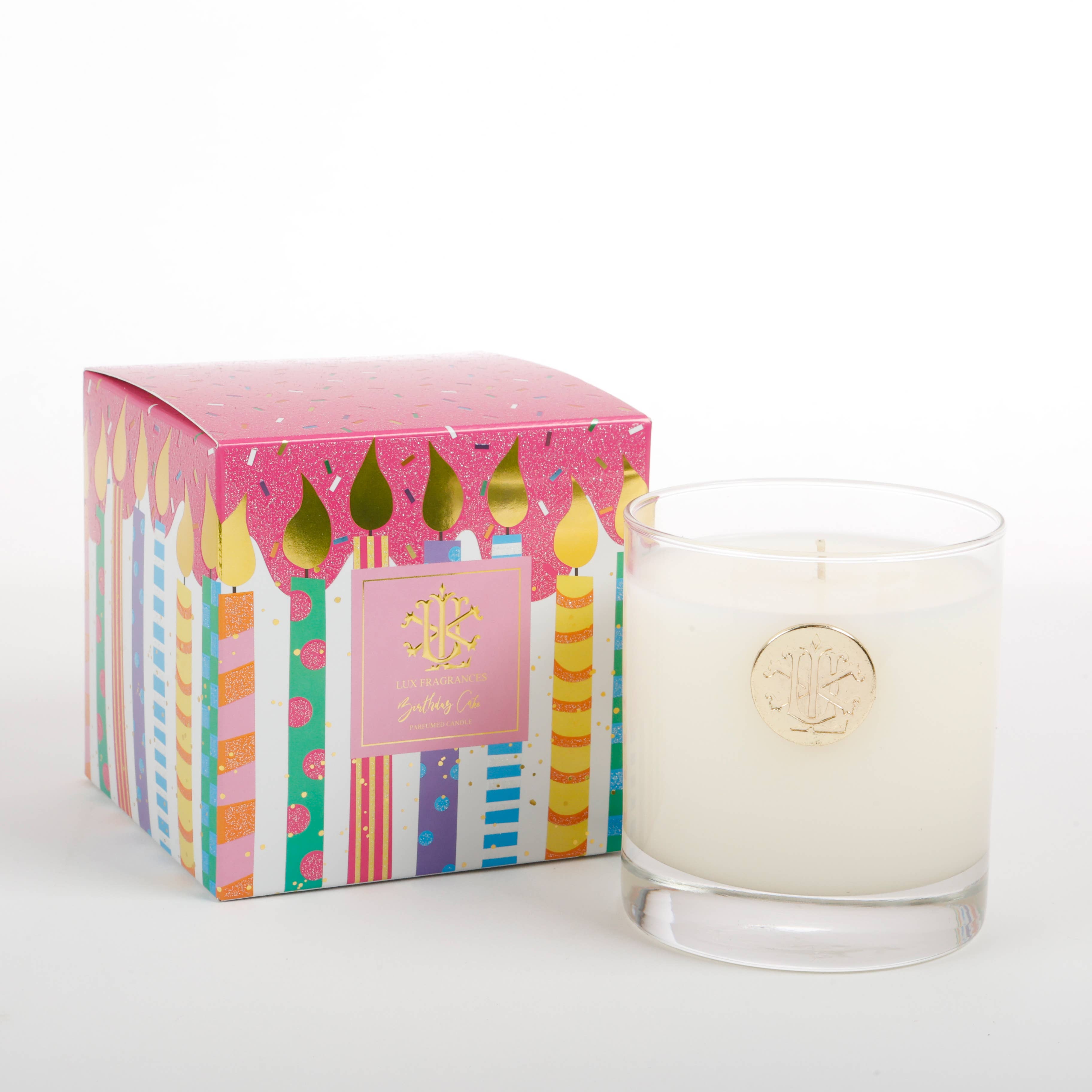 LUX FRAGRANCES - Wholesale Jar/Filled Candle - Birthday Cake 8 oz. Designer Box Candle MIN 6