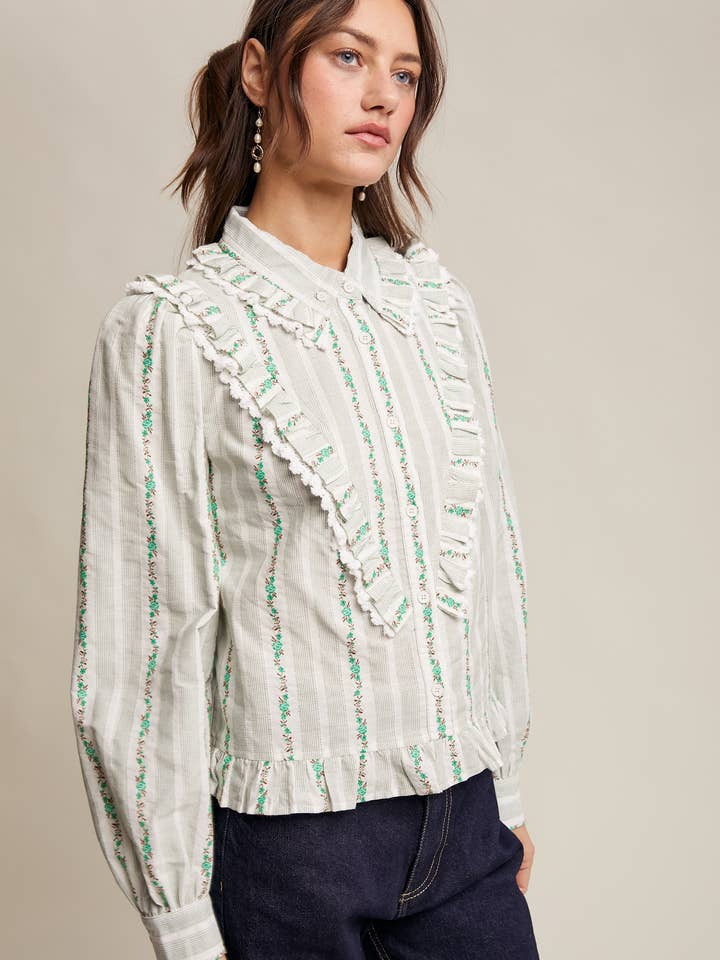 Vintage Ruffle-Trim Floral Embroidered Blouse LT1426 for wholesale by Listicle