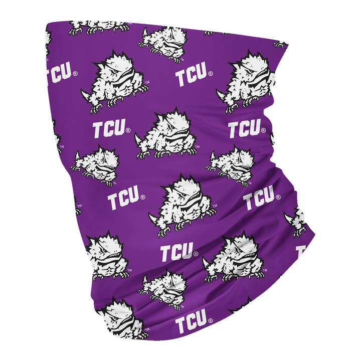 TCU Honed Frogs All Over Logo Purple Neck Gaiter for wholesale by Vive La Fete