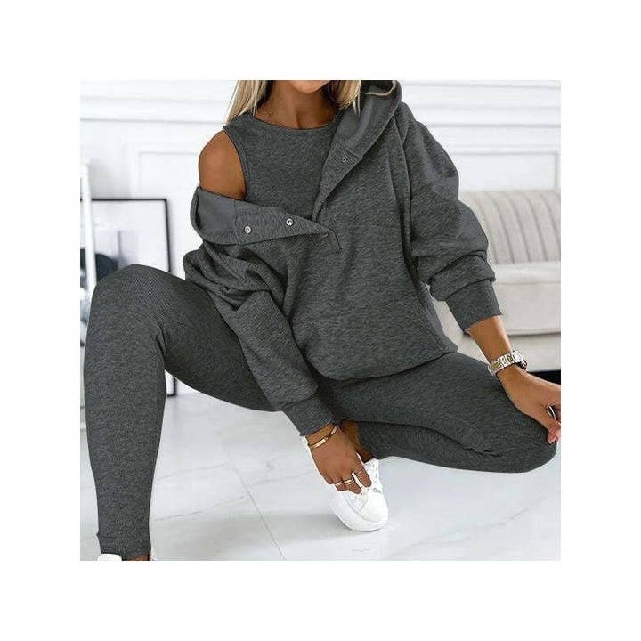 Sheer Trend - Wholesale Lounge Set - Women's - 3-Piece Set- Leisure Hoodie, Thick Ribbed Vest, And Pants5
