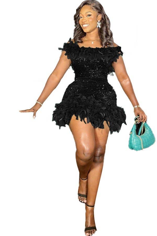 Aria Romance - Wholesale Dress - Women's - One-Shoulder Feather Trim Wrap Dress6