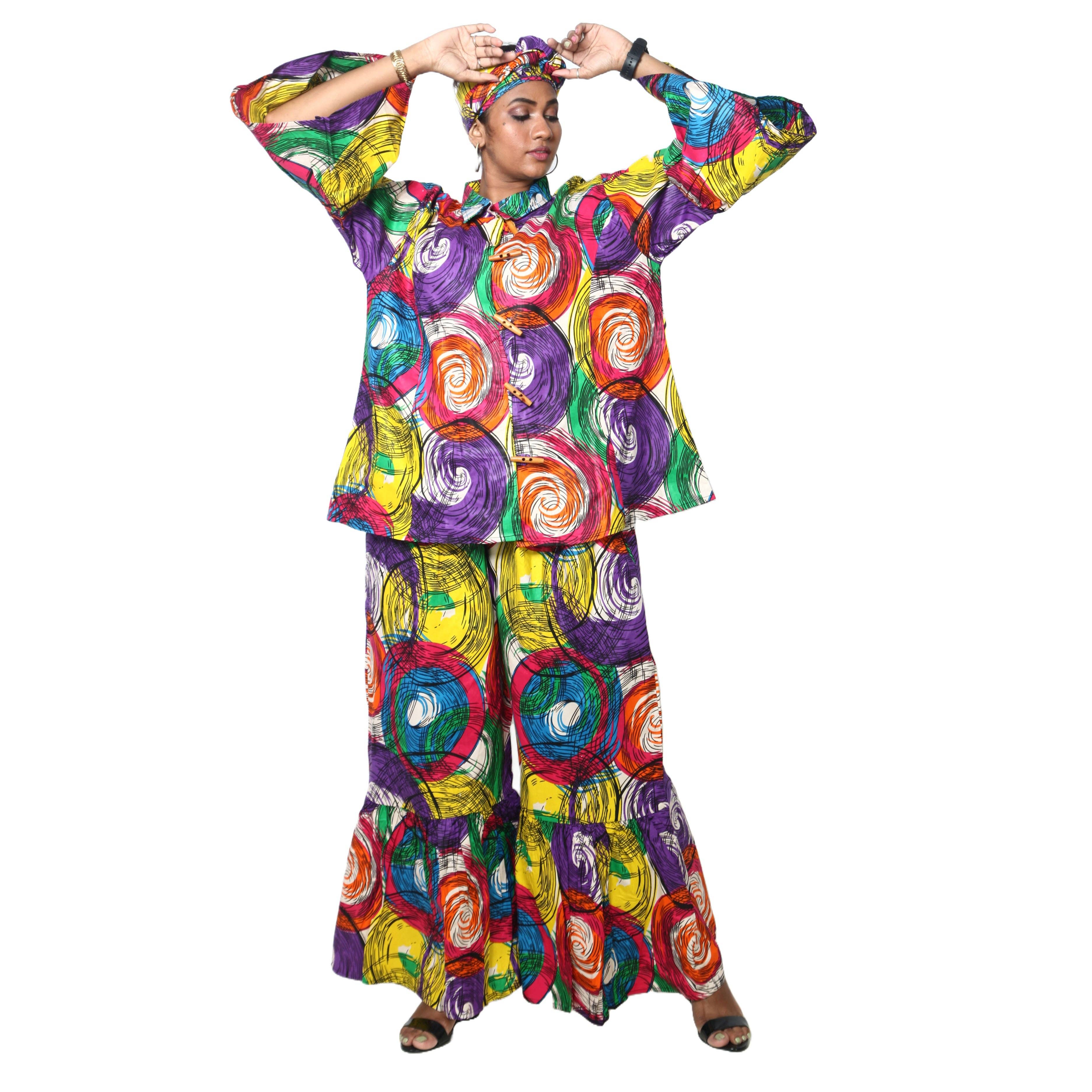 African Stars - Vente Ensemble haut et pantalon (PAS d'intérieur) - Femme - Ensemble Chemisier Femme et Pantalon Palazzo -- Imprimé FI-405025