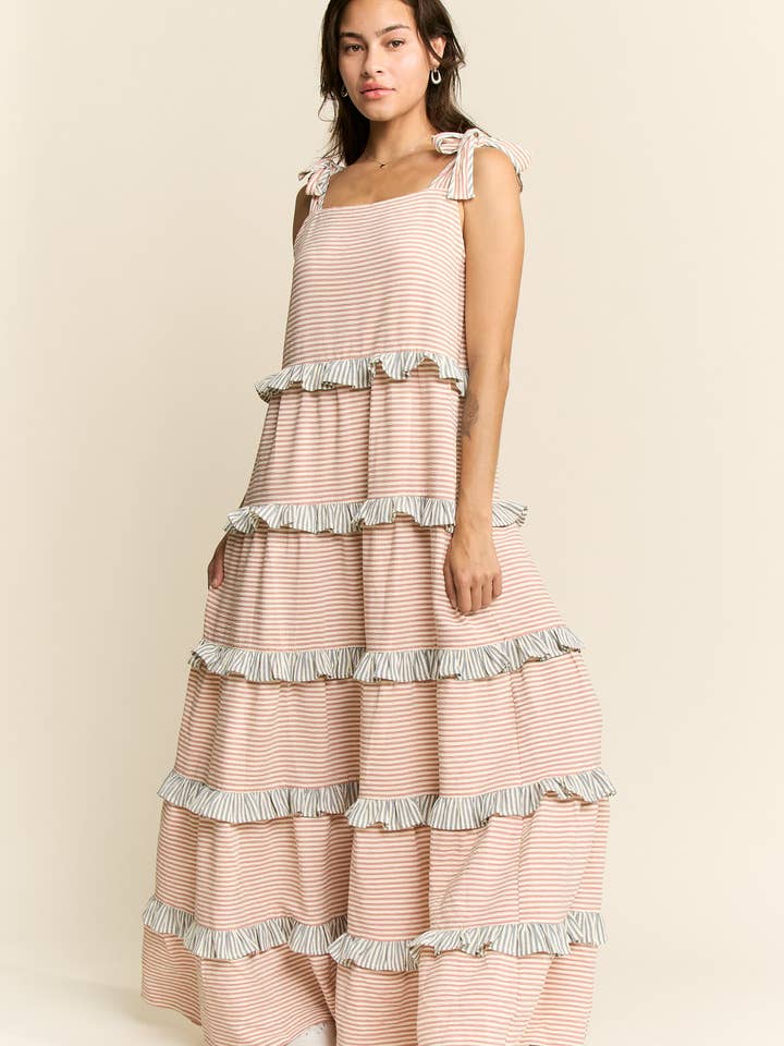 GESTREIFTES ZWEIFARBIGES STUFEN-MAXIKLEID für den Großhandel von JADE BY JANE