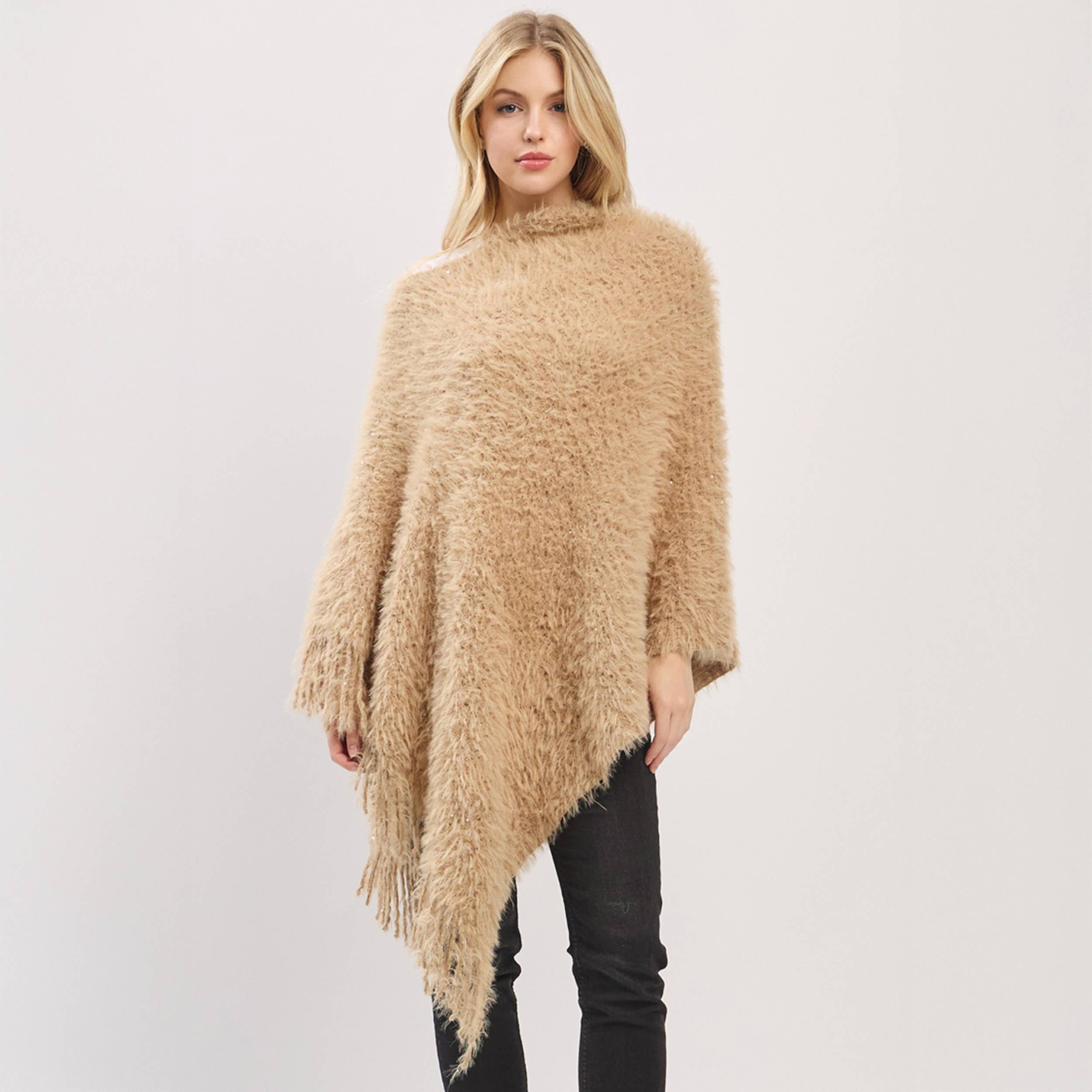 Hana – wholesale Poncho – Women's – Fuzzy Sequin with Fringe Light Weight Poncho19