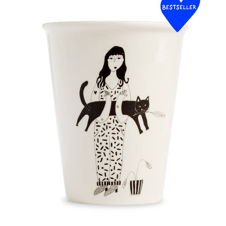 Porcelænskop med sort kat og illustration af helen b for engroshandel hos helen b