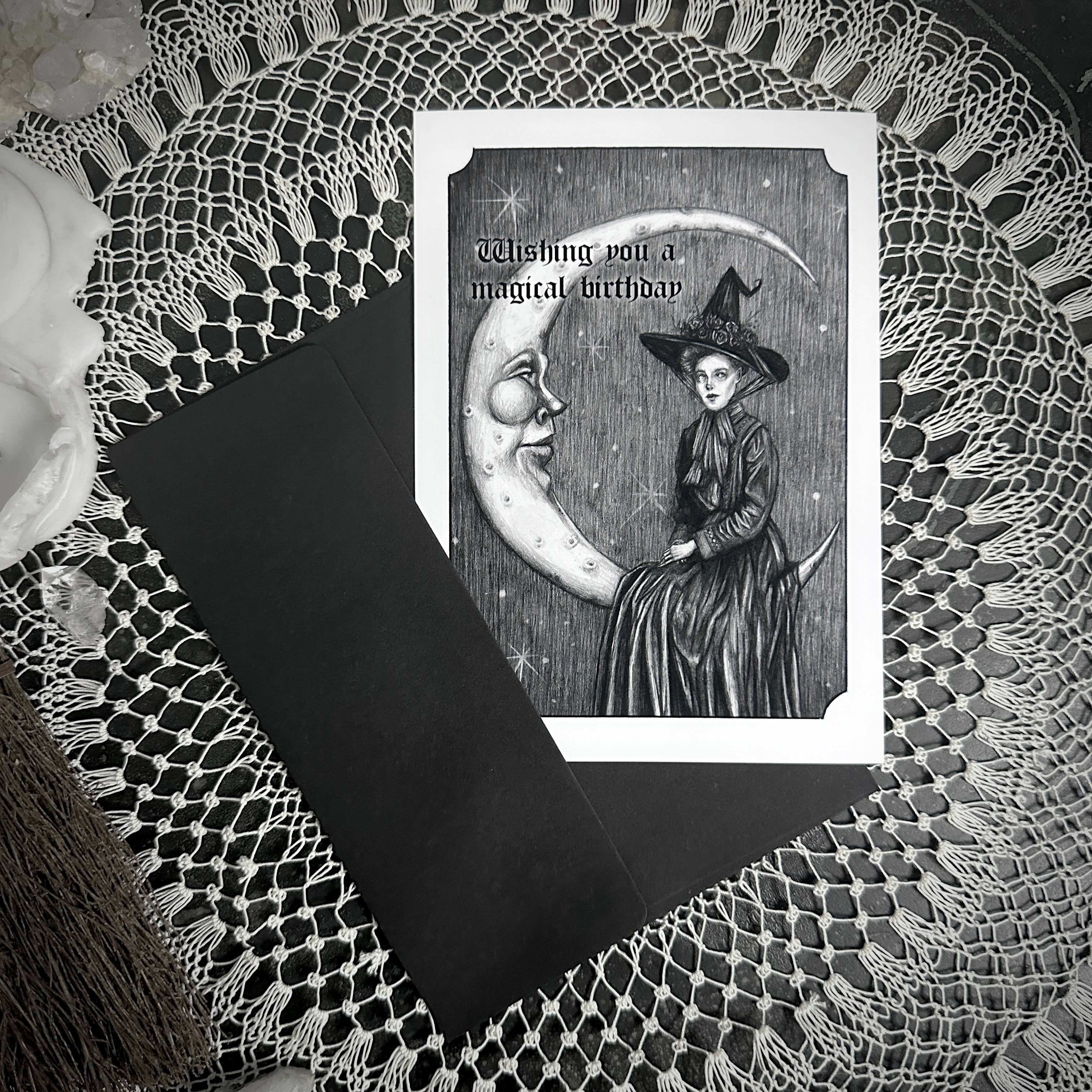 Caitlin McCarthy Art - Wholesale Birthday Card - Magical Birthday - 10 Folded Greeting Cards - Witch, Moon1