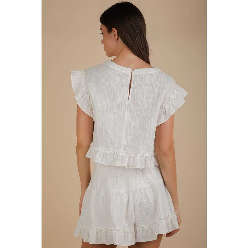 IVE - Vente Ensemble haut et short (PAS d'intérieur) - Femme - Ensemble haut tissé uni à volants ET short3