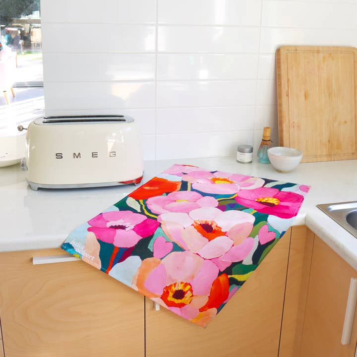 Julia Ockert - Wholesale Tea Towel - Flowerverse Tea Towel - Dopamine Decor - Original Floral Art1