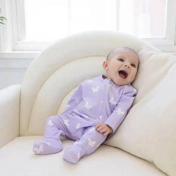 Snuggle Buds - Wholesale Sleepsuit - Baby - Lilac Flutter Zipped Onesie (0–12 Months) – 100% Cotton Muslin Baby Sleepwear