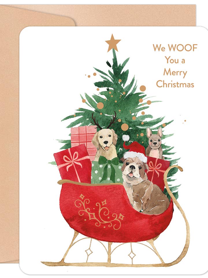 Merry Christmas Dogs in Santa's Sleigh Christmas Card for wholesale by Willow & Ivy Press
