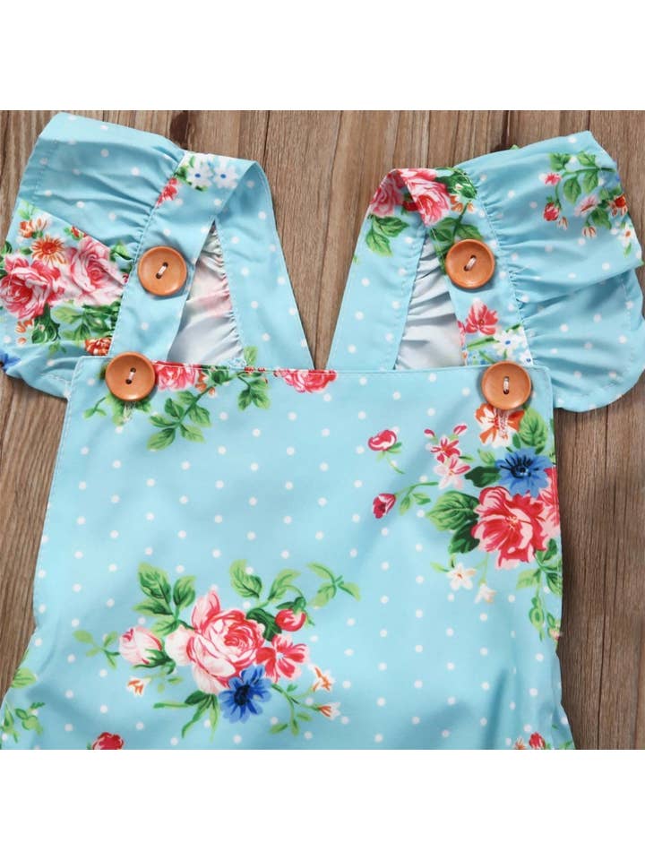 Fennco Styles - Wholesale Bodysuit (Non-Footed) - Baby - Blue Floral Print Ruffle Backless Baby Romper