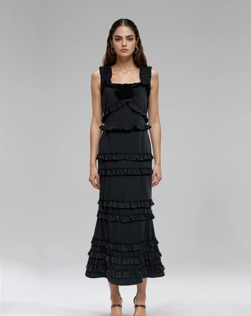 Sanyao Fashion – Vestido comprido - Mulher por atacado – Vestido de Cauda de Sereia com Camadas e Folhos SY497 para Noite de Verão3