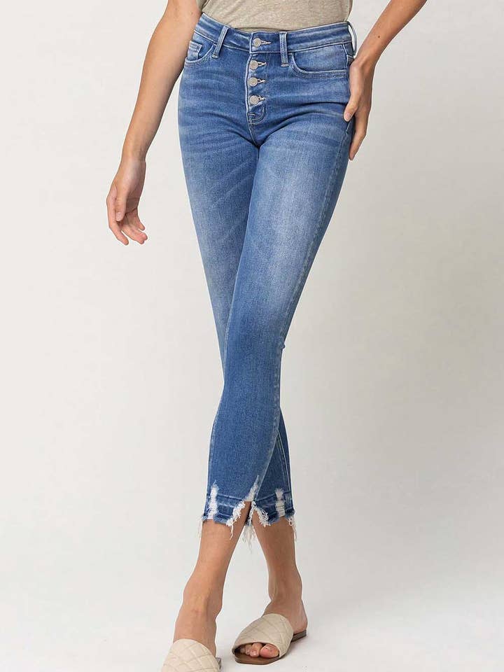 CROP-SKINNY-JEANS MIT MITTELHOHEM BUND UND KNOPFLEISTE T5120 für den Großhandel von VERVET by FLYING MONKEY