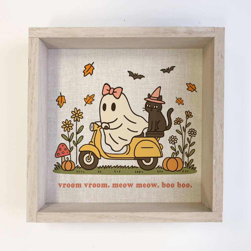 Hangout Home – wholesale Sign – Cozy Ghost on a Scooter - Cute Halloween Canvas Art - Framed0