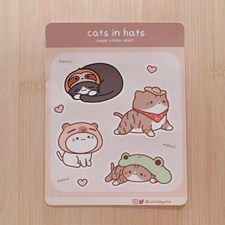 Cats in Hats Paper Sticker Sheet for wholesale by Cafe De Yume