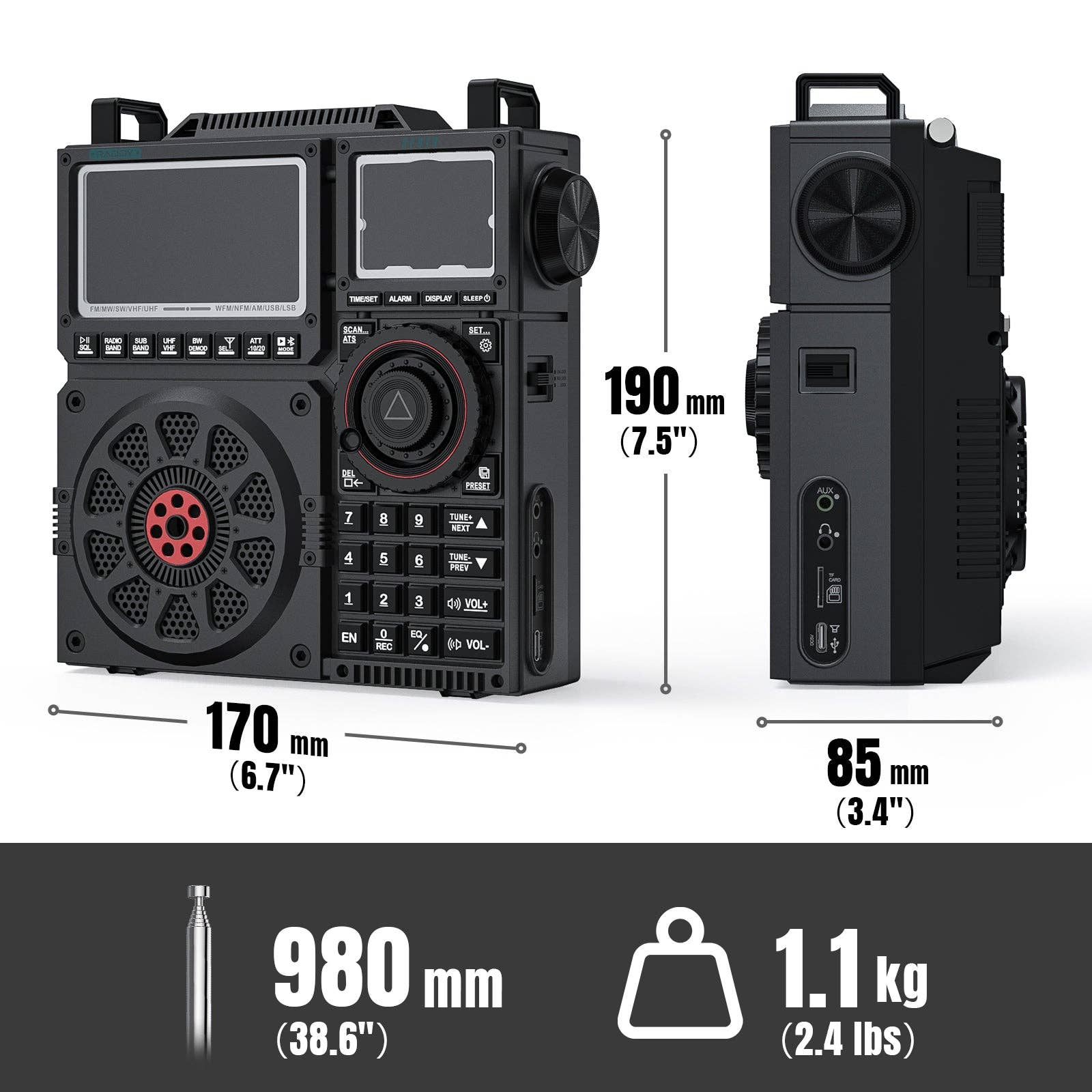 Radioddity - Wholesale Speakers - Raddy RF919 Shortwave Radio | Full Band Receiver with SSB | 20W Bluetooth 5.1 | APP Remote Control | Antenna Tuner | 5000mAh Battery | Dual Screens6