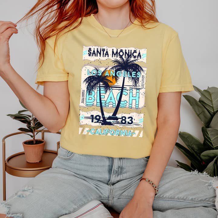 Camiseta unissex de verão inspirada na praia de Santa Monica, LA por atacado de Emogifts