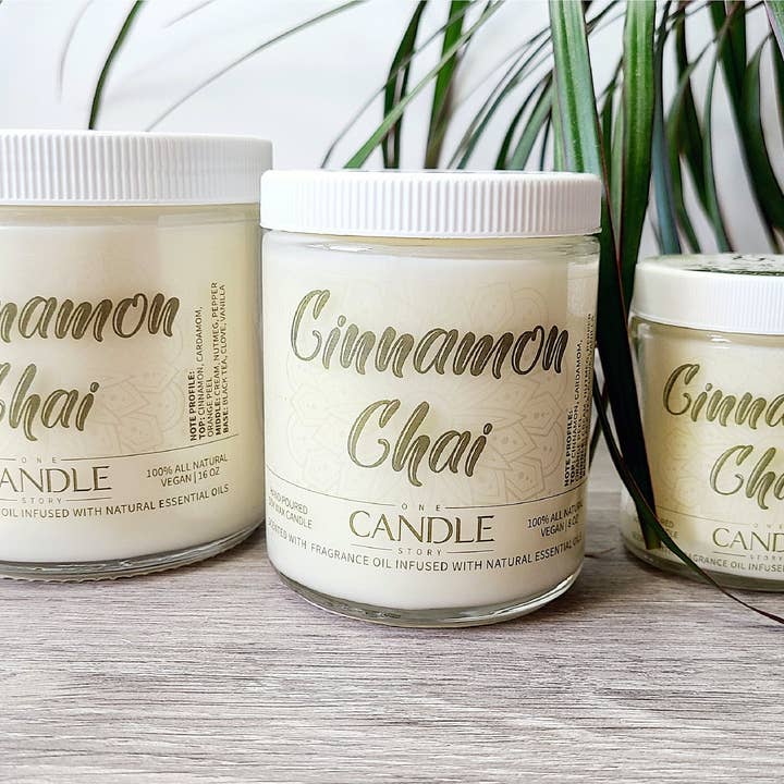 One Candle Story - Vente Bougie en bocal - Bougies parfumées à la cannelle Chai, bougies 100% naturelles en cire de soja végétalienne, parfumées aux huiles parfumées infusées avec des huiles essentielles naturelles1
