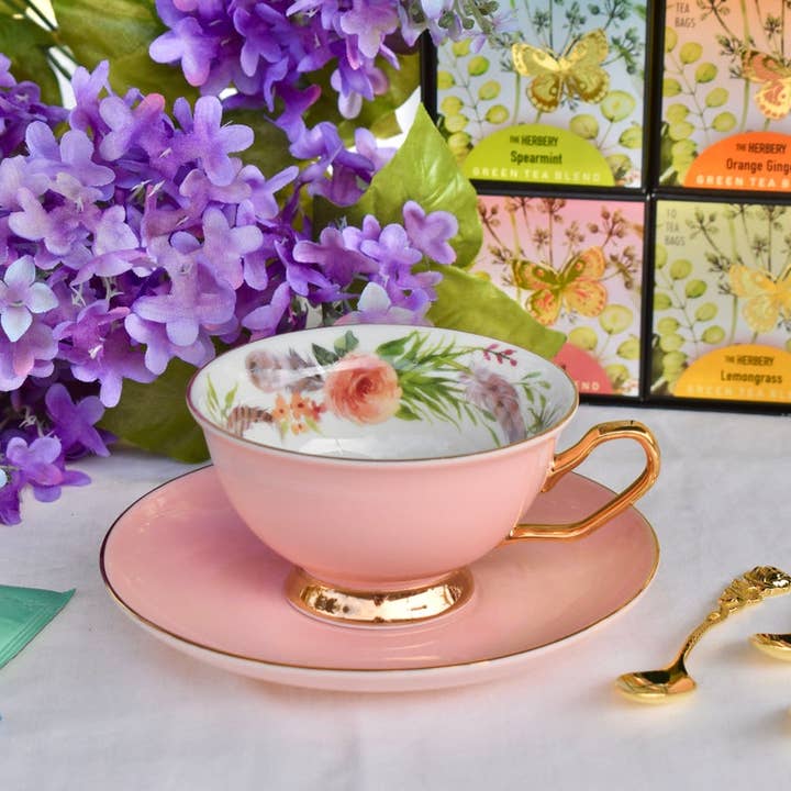 Bohemian Floral Bouquet in Rose Blush Teacup and Saucer for wholesale by All Little Cute Things