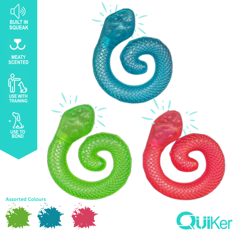 Quiker Pet Products - Vente Jouet couineur – chien - Lot de 6 serpents jouets pour chien en TPR parfum viande, jouet enroulé avec cache friandises0