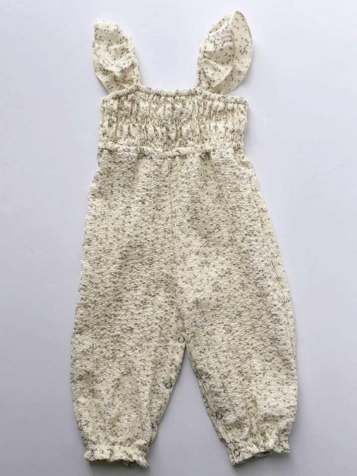 Paisley Smocked Ruffle Jumpsuit - White with Green Leaves for wholesale by Bailey's Blossoms