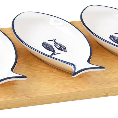 Aperitifset med 3 porslinsskålar på bambufat, färglåda, 28x19 cm, havskust för wholesale av Easy Life