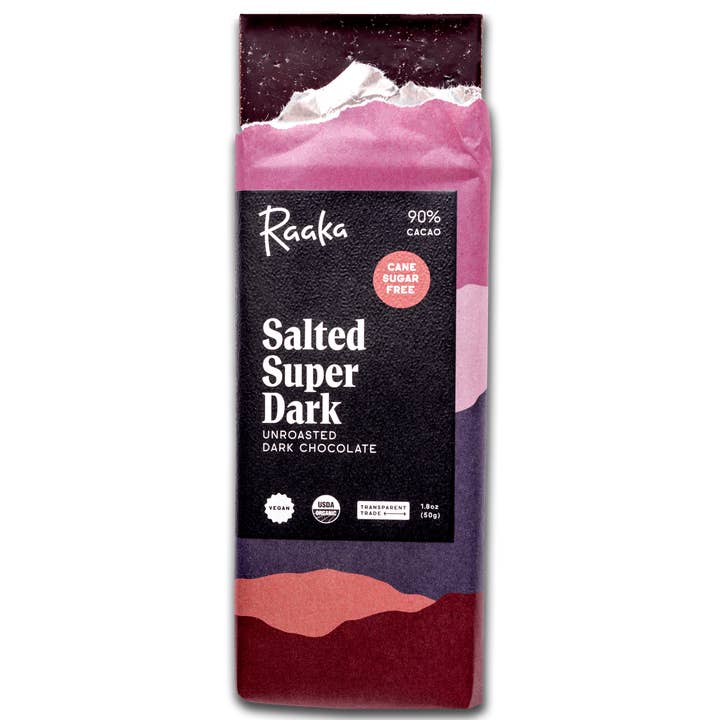 90% Salted Super Dark Chocolate Bar (Cane Sugar Free) for wholesale by Raaka Chocolate