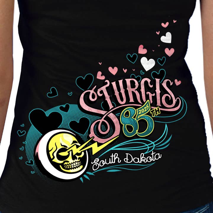 2025 Sturgis Motorcycle Rally Pink Lady Black Ladies Tee for wholesale on Faire