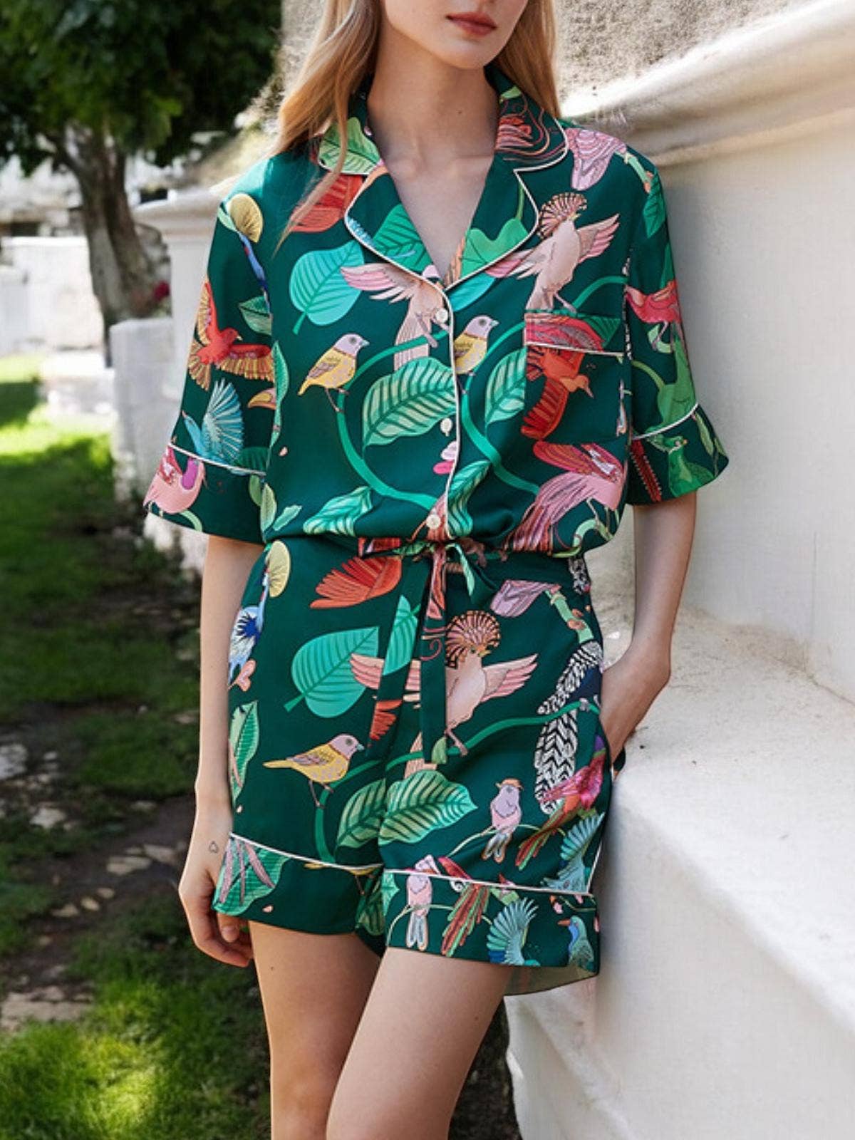 Anna Kaci Wholesale - Wholesale Lounge Set - Women's - Tropical Bird Print Satin Pajama Set2