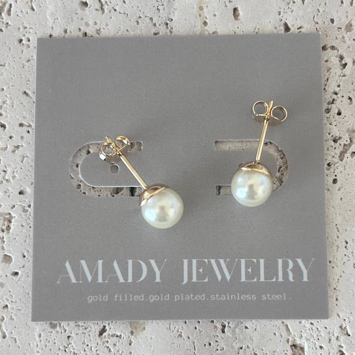 Pearl Stud Post Earrings 7mm Gold Filled layering earring for wholesale by Amady Jewelry