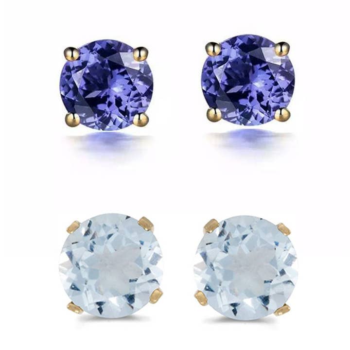 Runde Ohrstecker aus 14-karätigem Gelbgold, 4 Karat, künstlicher Tansanit und Aquamarin, 2 Paar für den Großhandel von Paris Jewelry