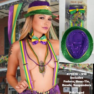 Mardi Gras Beaded Assorted Purple/ Green/ Gold Bra w/ Swags Size Large  XLarge