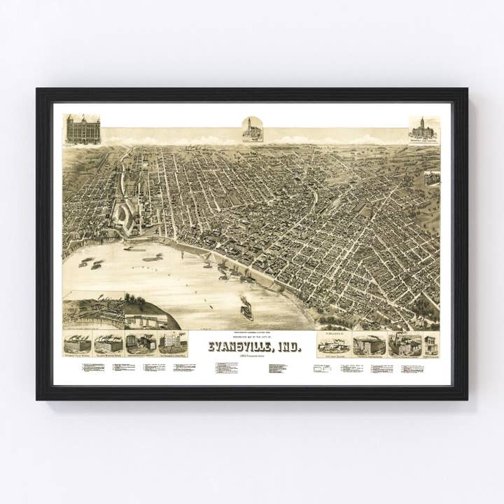 Vintage Map of Evansville, Indiana 1888 for wholesale by Ted's Vintage Art